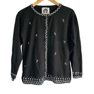 Vintage Storybook Knits Size Medium‎ Black Cotton Floral Embroidered Cardigan